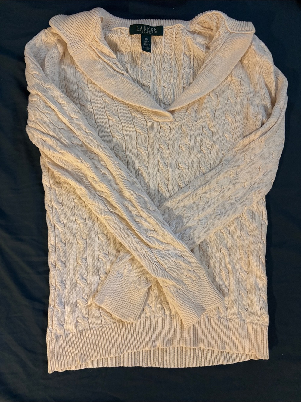 Ralph Lauren Cream Cable-Knit V-Neck Sweater with Shawl Collar